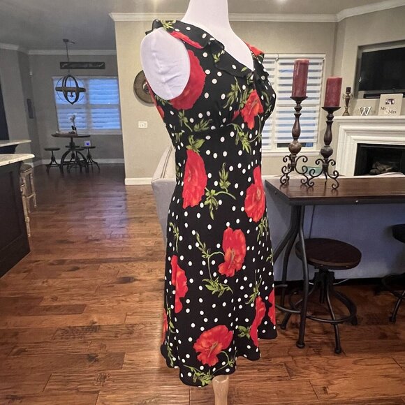 Mica Women's VTG Dress Size 10 Black White Polka Dot Red Rose Sleeveless 90's - Picture 8 of 14